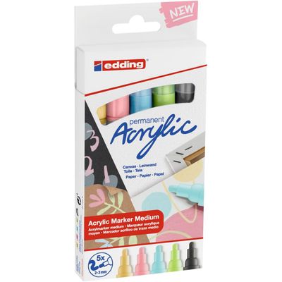 Edding 5100 - Pack de 5 marqueurs acryliques - jaune pastel, vert pastel, bleu pastel, anthracite, mauve