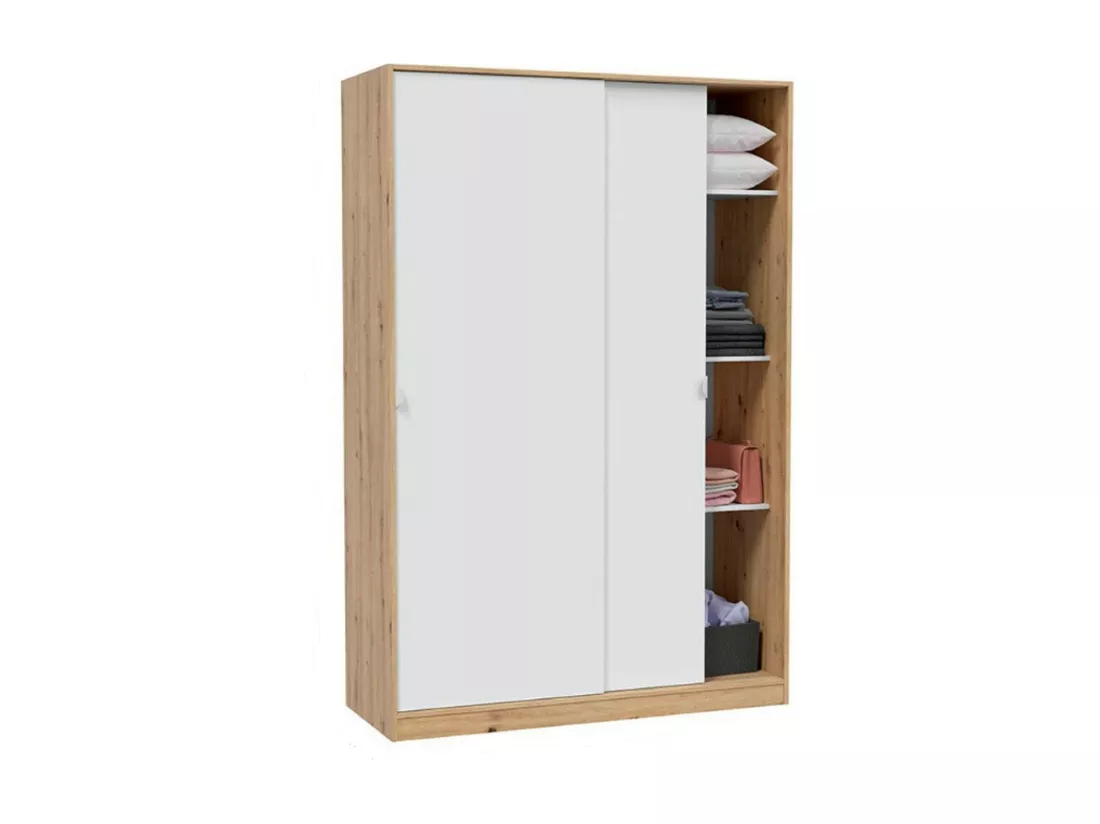Armoire Dnoce, Armoire de chambre avec 2 portes coulissantes, Armoire avec 3 étagères et tringle à vêtements, 120x50h200 cm, Blanc et Chêne Noeud