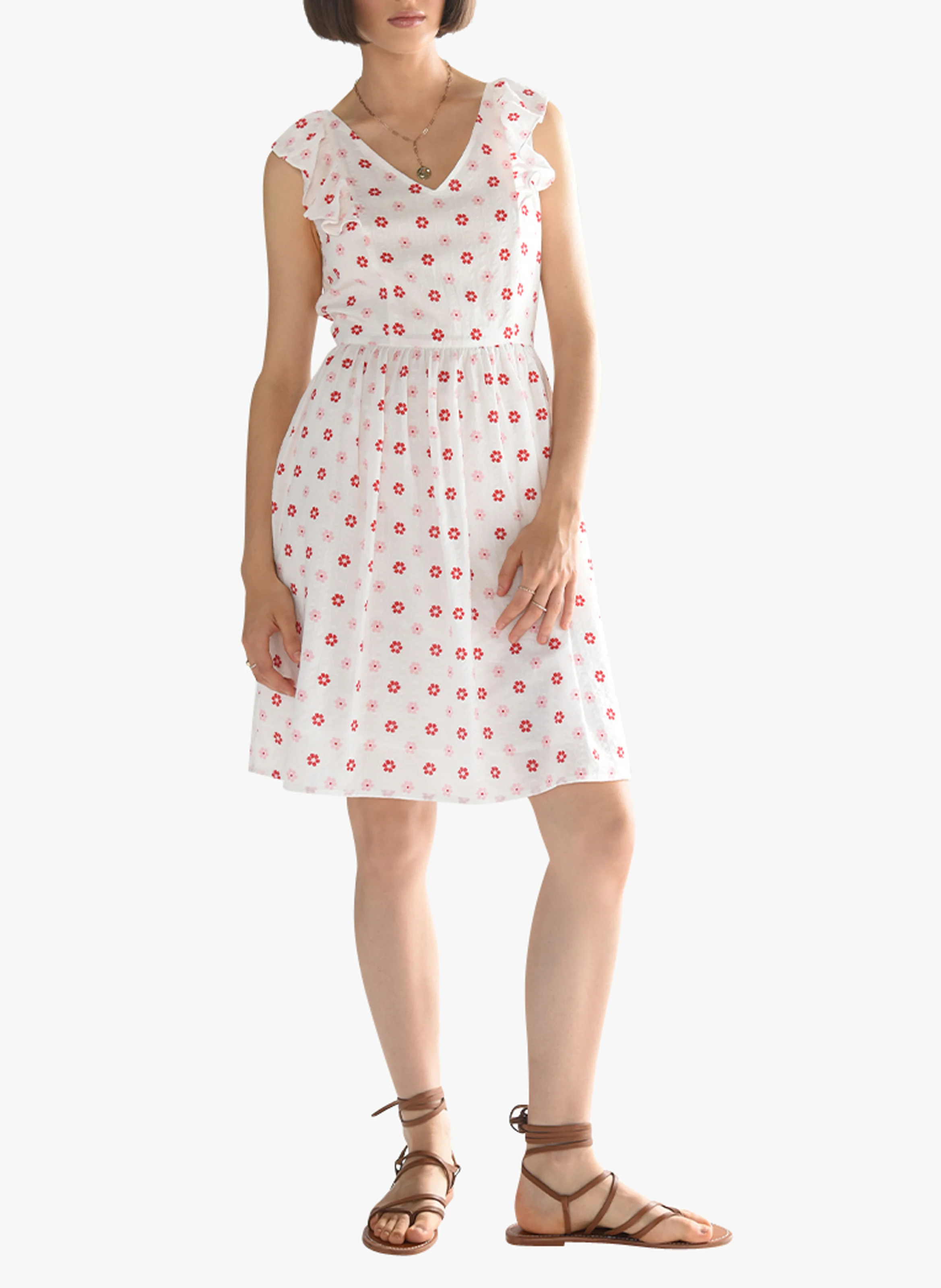 Robe courte col V imprimée fleuri en coton | Blanc