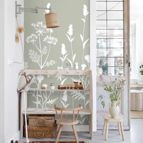 Estahome Veldbloemen Fotobehang  - 1,5 x 2,79 m - Vergrijsd Mintgroen
