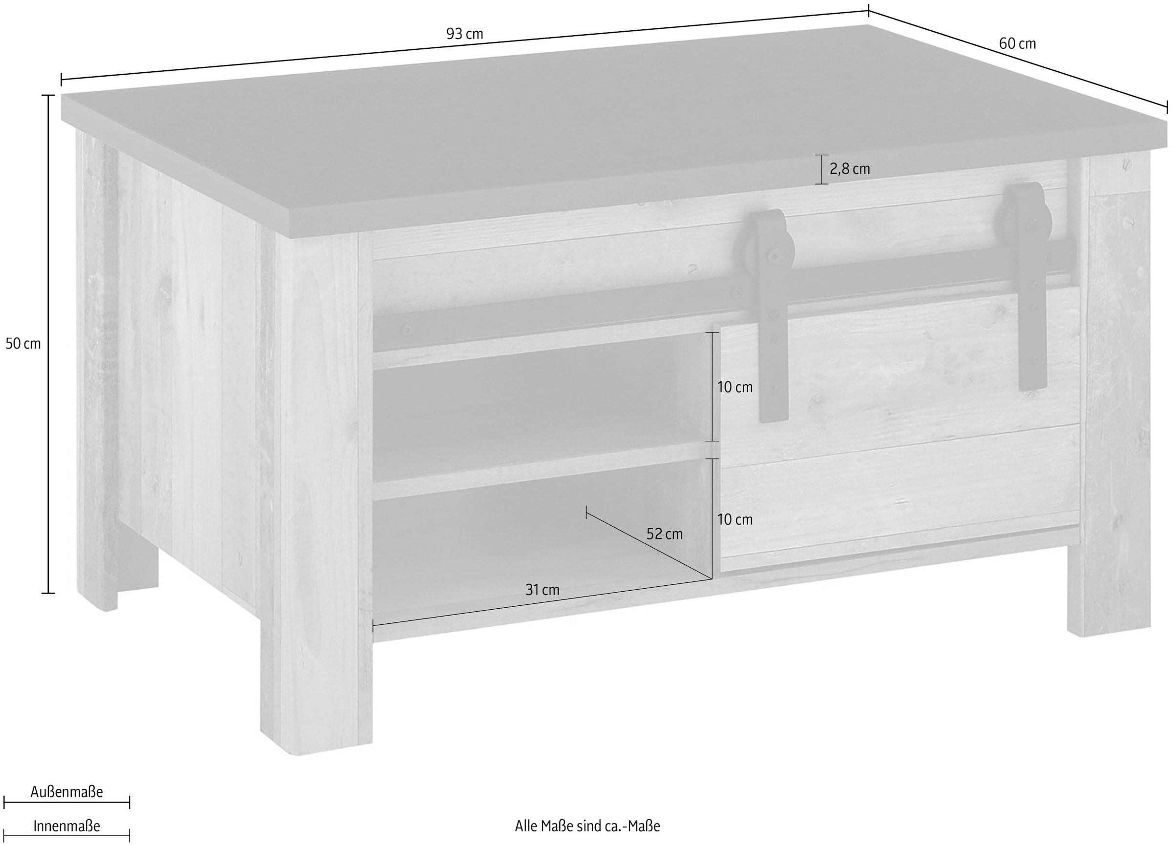 Home affaire Couchtisch »SHERWOOD« modernes Holz Dekor, mit Scheunentorbeschlag aus Metall, Breite 93 cm