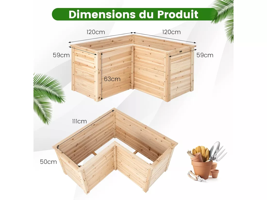 Carré Potager Jardinière en Bois de SaBois Base Ouverte en L, Jardinière Surélevée pour Légumes Fruits, pour Jardin Cour Pelouse, 120 x 120 x 62 cm