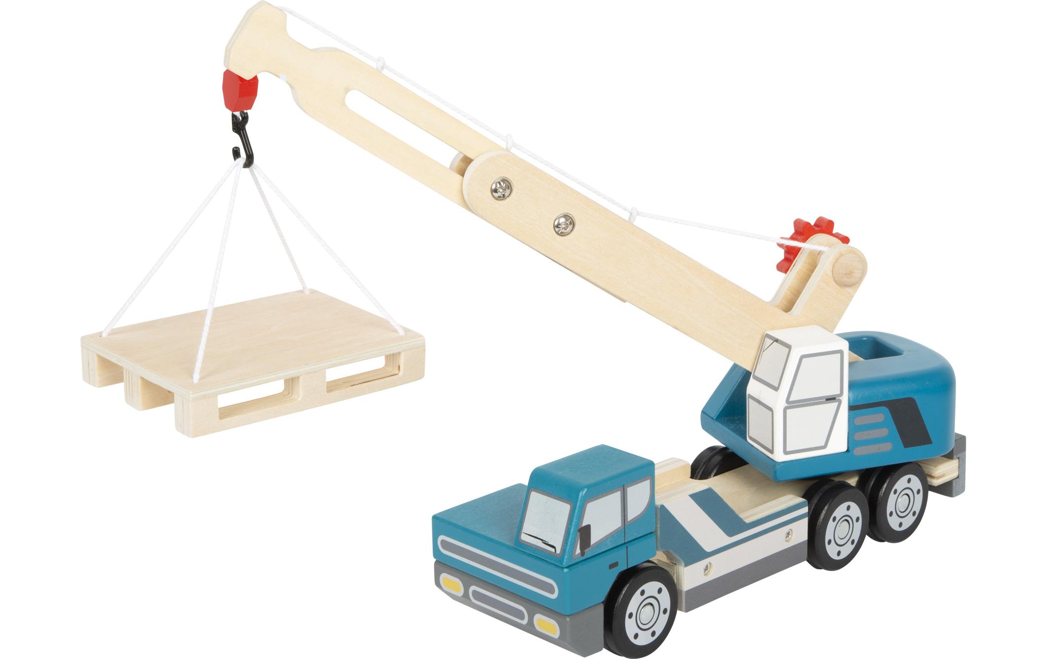 Kranwagen mit PaletteSpielzeug-Kranwagen aus Holz mit beweglicher Palette