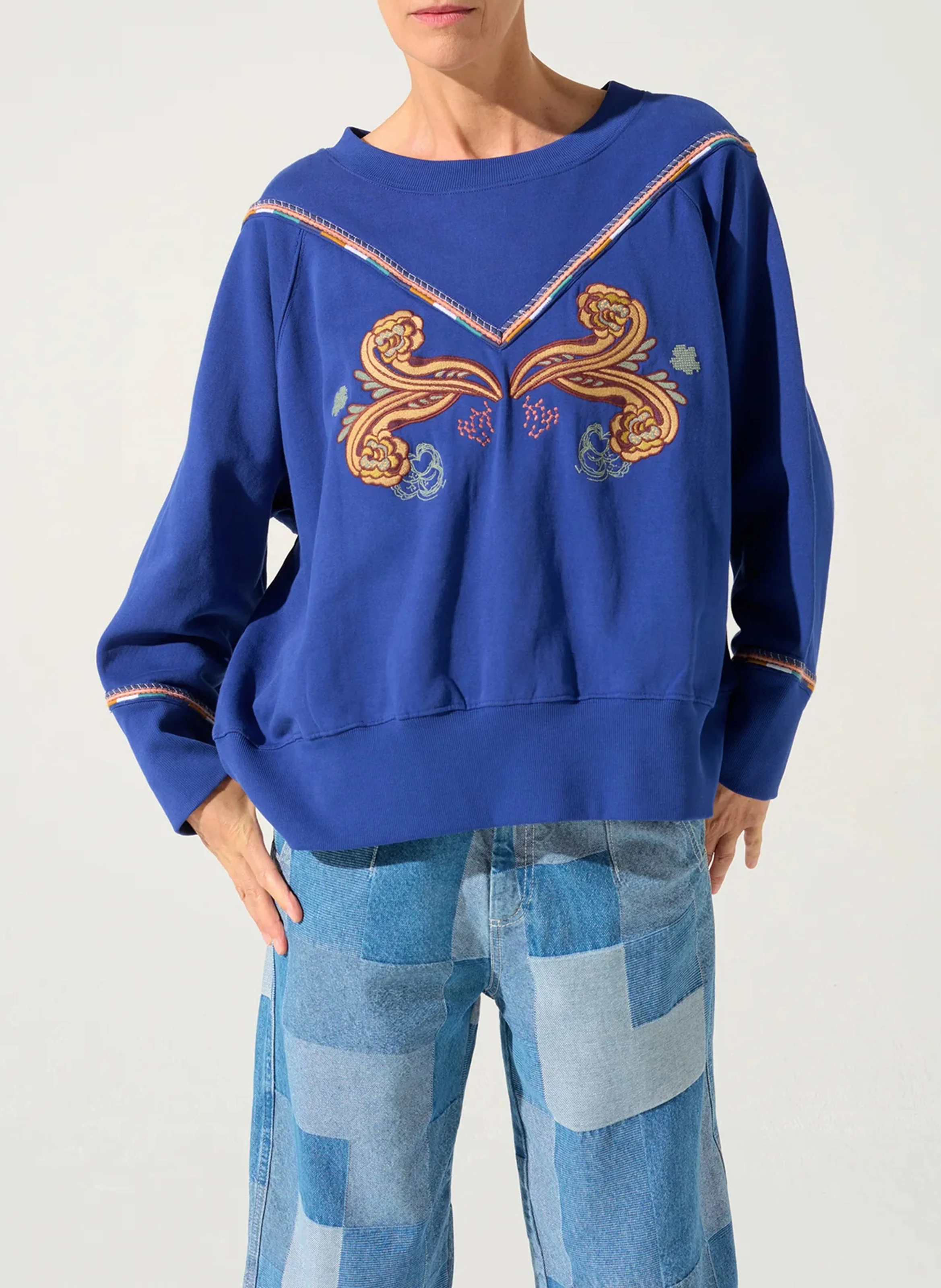 Sweat col rond en coton mélangé | Bleu