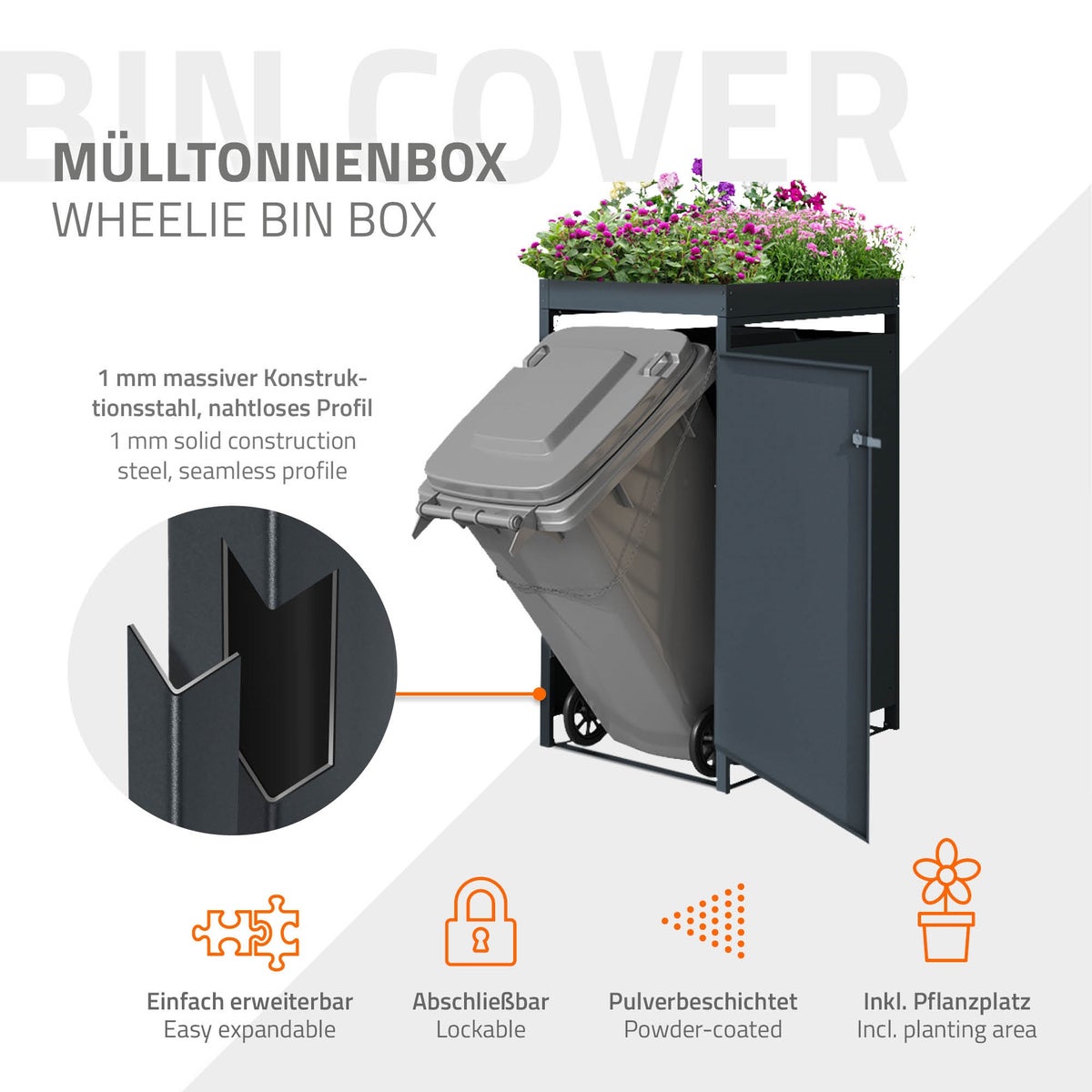 ML-Design Enkele Bak Opslagunit met Groendak voor 1 Bak, 240L, 68x80x124 cm, Antraciet, Staal, Weerbestendig, Afsluitbare Bakbehuizing met Deur, Bakbox, Bakcontainer, Bakdeksel
