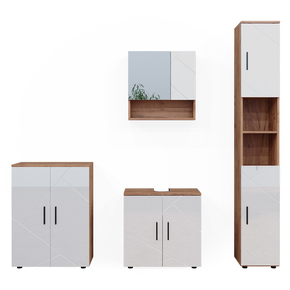 Vicco Badmöbelset Irma Eiche Weiß Hochglanz modern Badezimmerschrank Badschrank Badezimmermöbel Waschtischunterschrank Spiegelschrank Hochschrank Kommode Schranktür Schrankfach