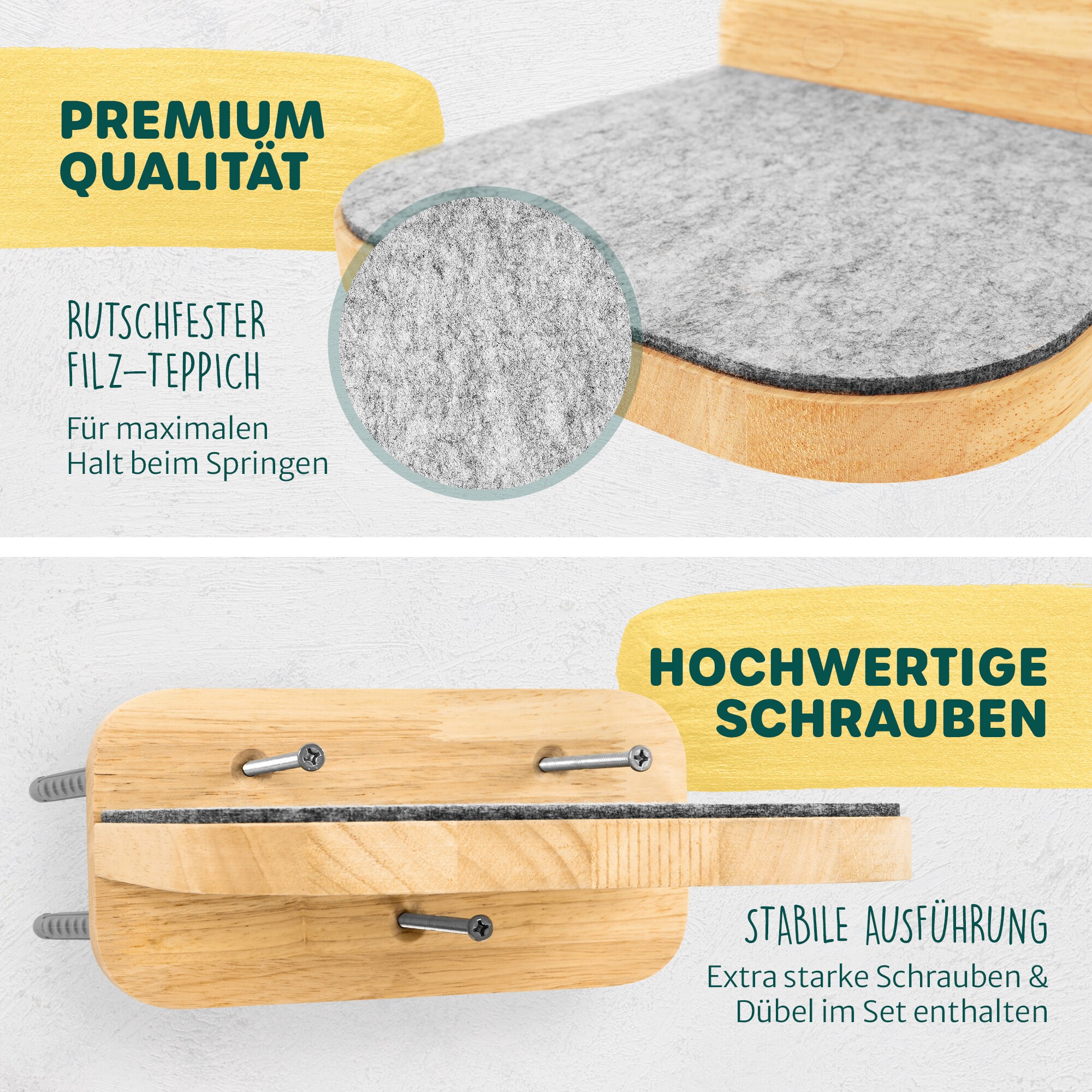 HAPPYPET Katzentreppen 3er-Set für Wandmontage - Nachhaltiges Hartholz, Designer Kletterwand Katzen, Katzentreppe mit Filzbezug, Katzenleiter, Katzenwand zum Klettern, Catwalk | Natur3x Stufen L