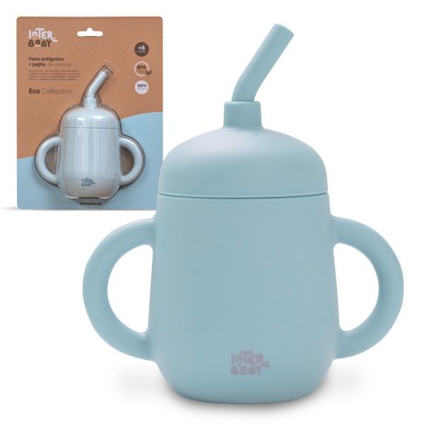 Interbaby Copo Anti Gota   Palha de Silicone Azul Cinzento
