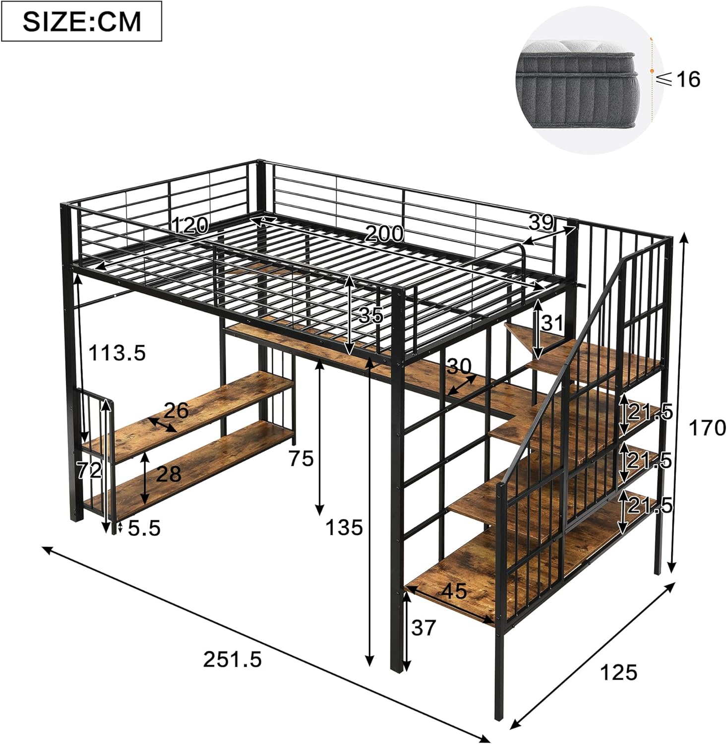 HESHU Metallbett Hochbett 120x200cm mit Schreibtisch und Ablageregal, Eisenbett Etagenbett mit offenem Kleiderschrank mit Hängebereich, Ecktreppe, Eisen + MDF, Schwarz+dunkle
