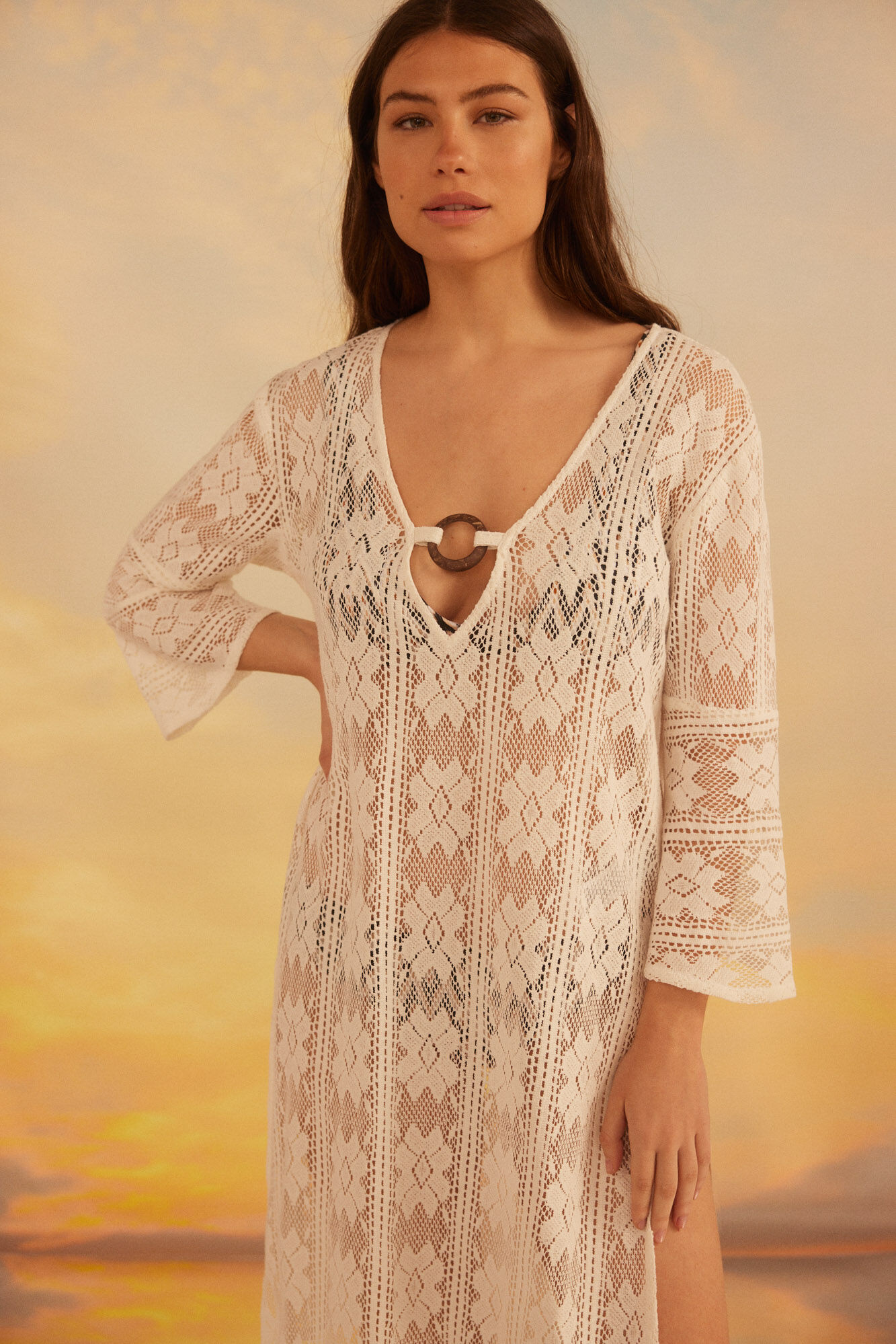 Caftan longo de crochê - Marfim