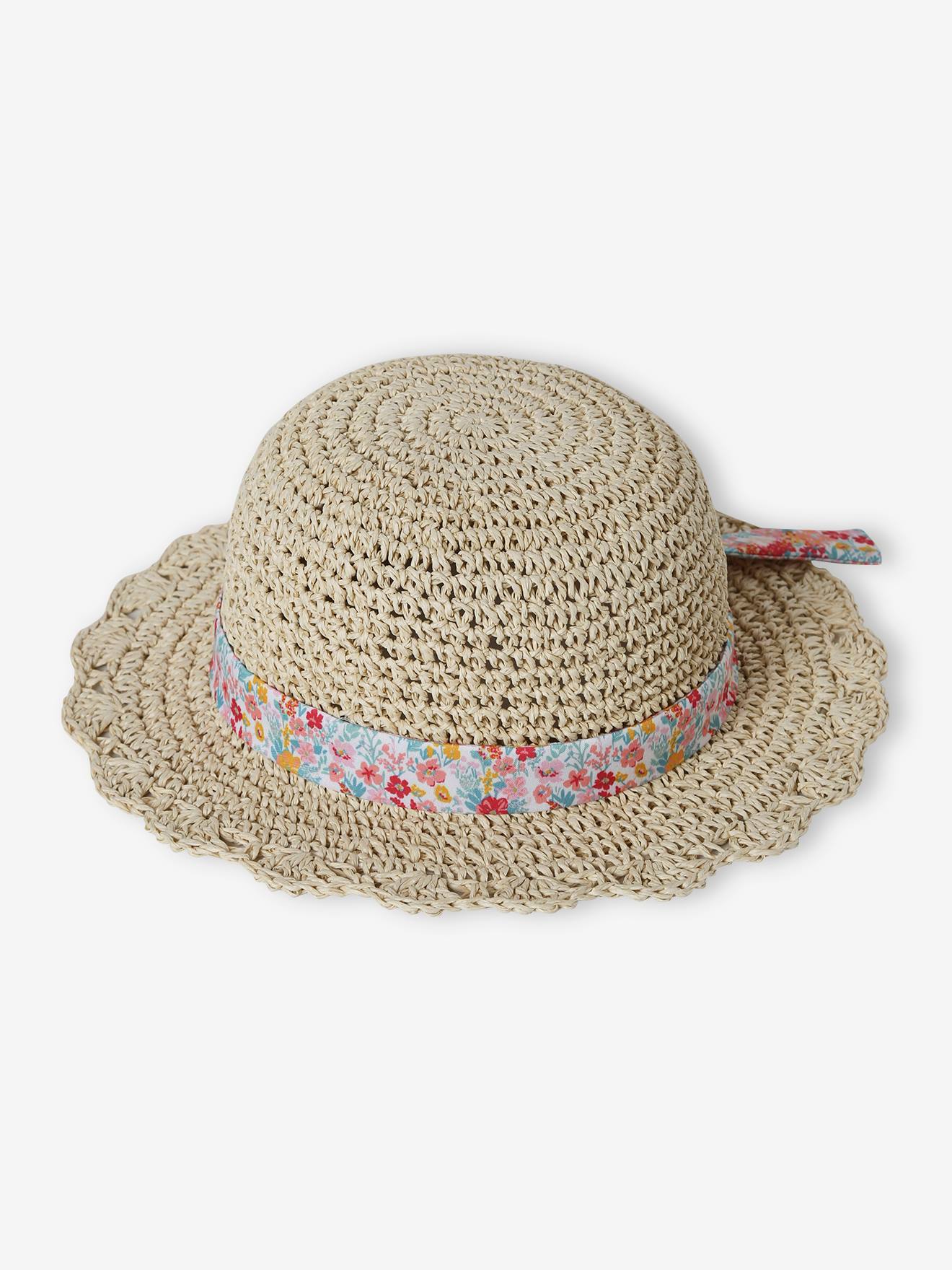 Chapéu de crochê com aparência de palha e laço estampado para meninas, bege areia