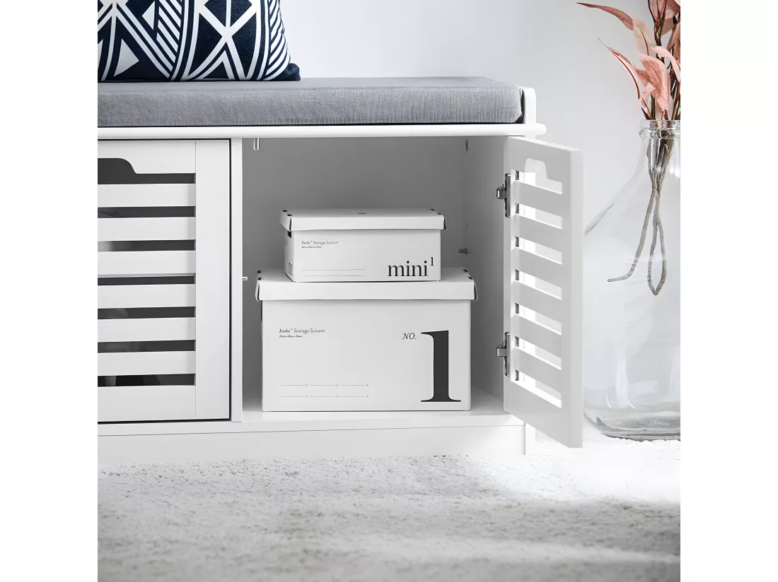 SoBuy Banc à Chaussures, Banc de Rangement à Chaussures, Meuble à Chaussures, Meuble Bas Entrée avec Coussin rembourré, 2 Portes et 4 Compartiments Ouverts, 71 x 35 x 43 cm, Blanc, FSR23-II-W