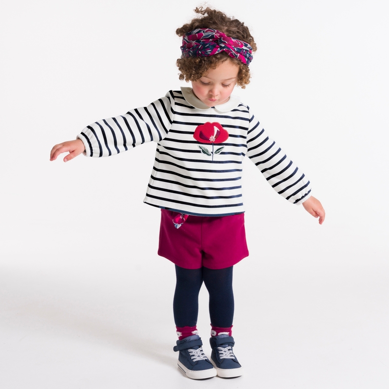 Sweat molleton rayé fleur brodée blanc bébé fille