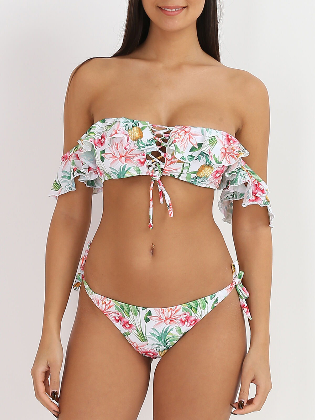 Bikini tropical à volants et laçage- Blanc