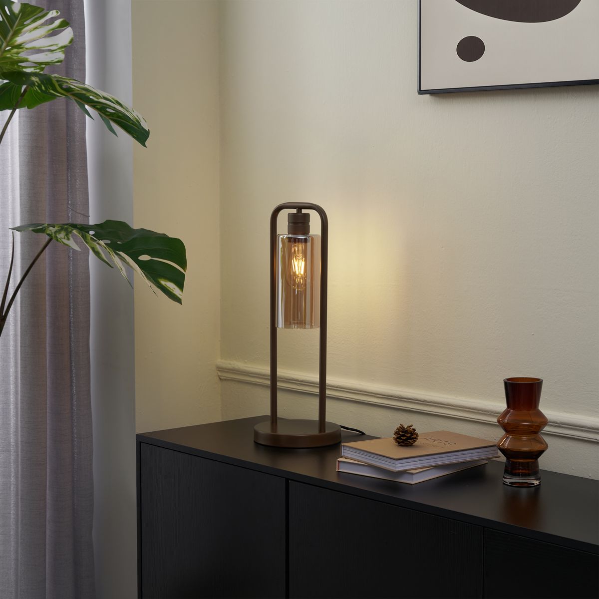 Hotel Chique tafellamp donker brons met amber glas - Stavelot