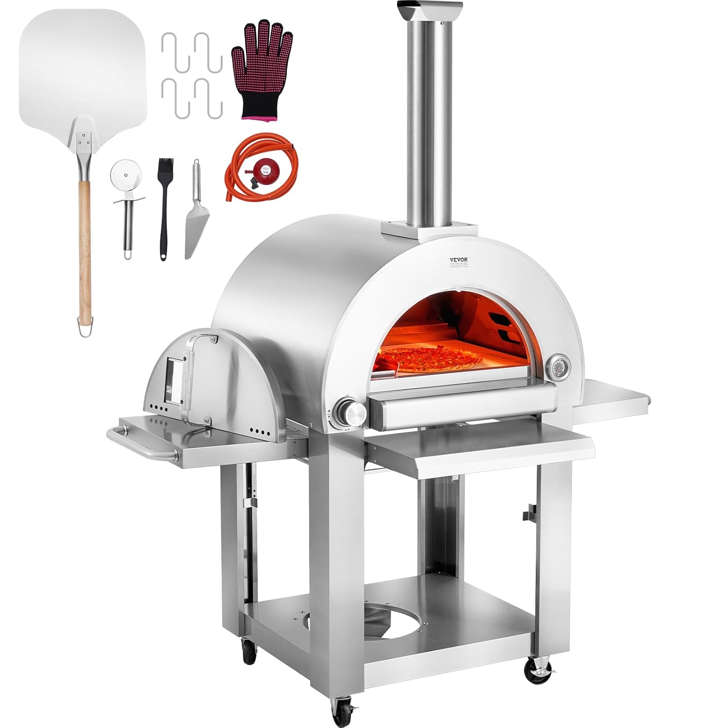 VEVOR Pizzaofen für den Außenbereich tragbarer 558mm Pizzamaker, pellet- und gasbetriebener Outdoor-Pizzaofen mit verdicktem Cordierit-Pizzastein, für Camping und Garten
