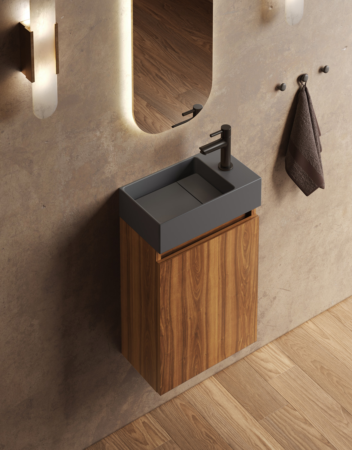 Fontana Itsie toiletmeubel walnoot 40cm met fontein in mat antraciet