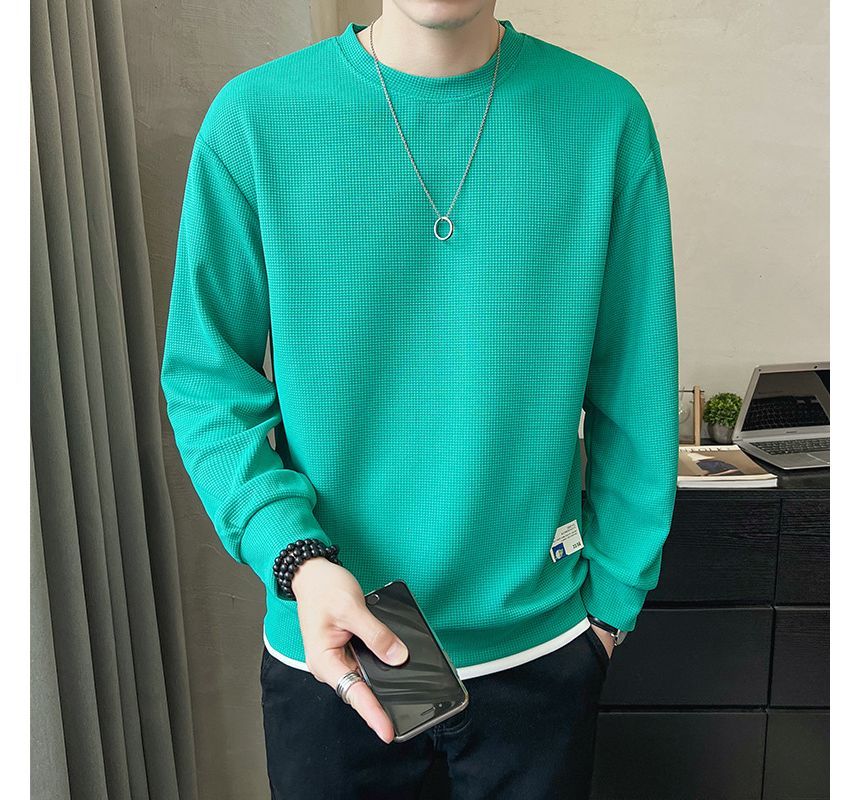 Ninine - Mock Two-Piece Crew Neck Lettering Applique Two-Tone Sweatshirt