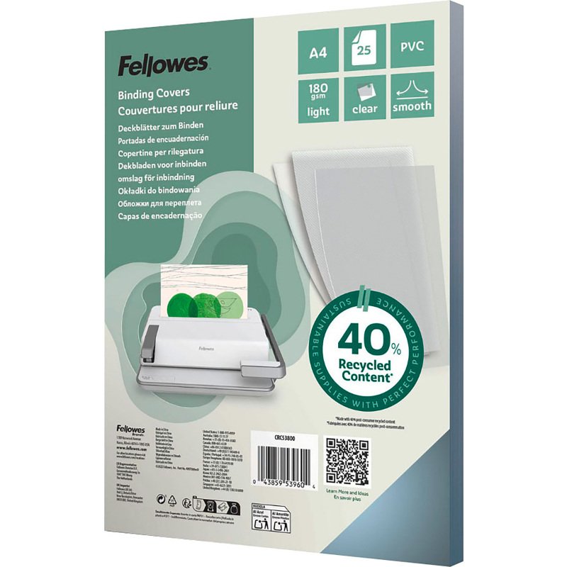 Couverture de reliure A4 FELLOWES PVC 18/100 transparente incolore - sachet de 25