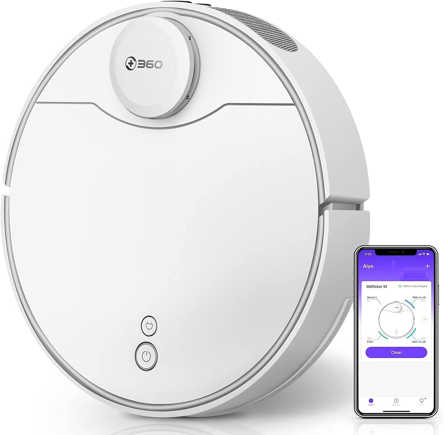 360 S9 Saugroboter mit Wischfunktion (Smarter Wassertank, Fernbedienung, 5200mAh, Ultraschallsensor, LDS, intelligente Navigation, App, 2650Pa Saugleistung, HEPA-Filter, Sperrzonen), weiß