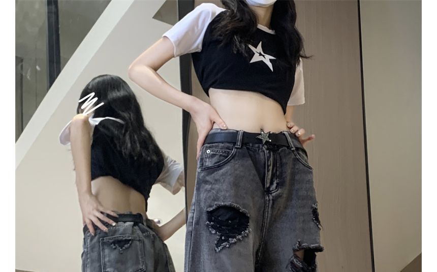 RONIN - Mid Rise Distressed Washed Wide Leg Jeans