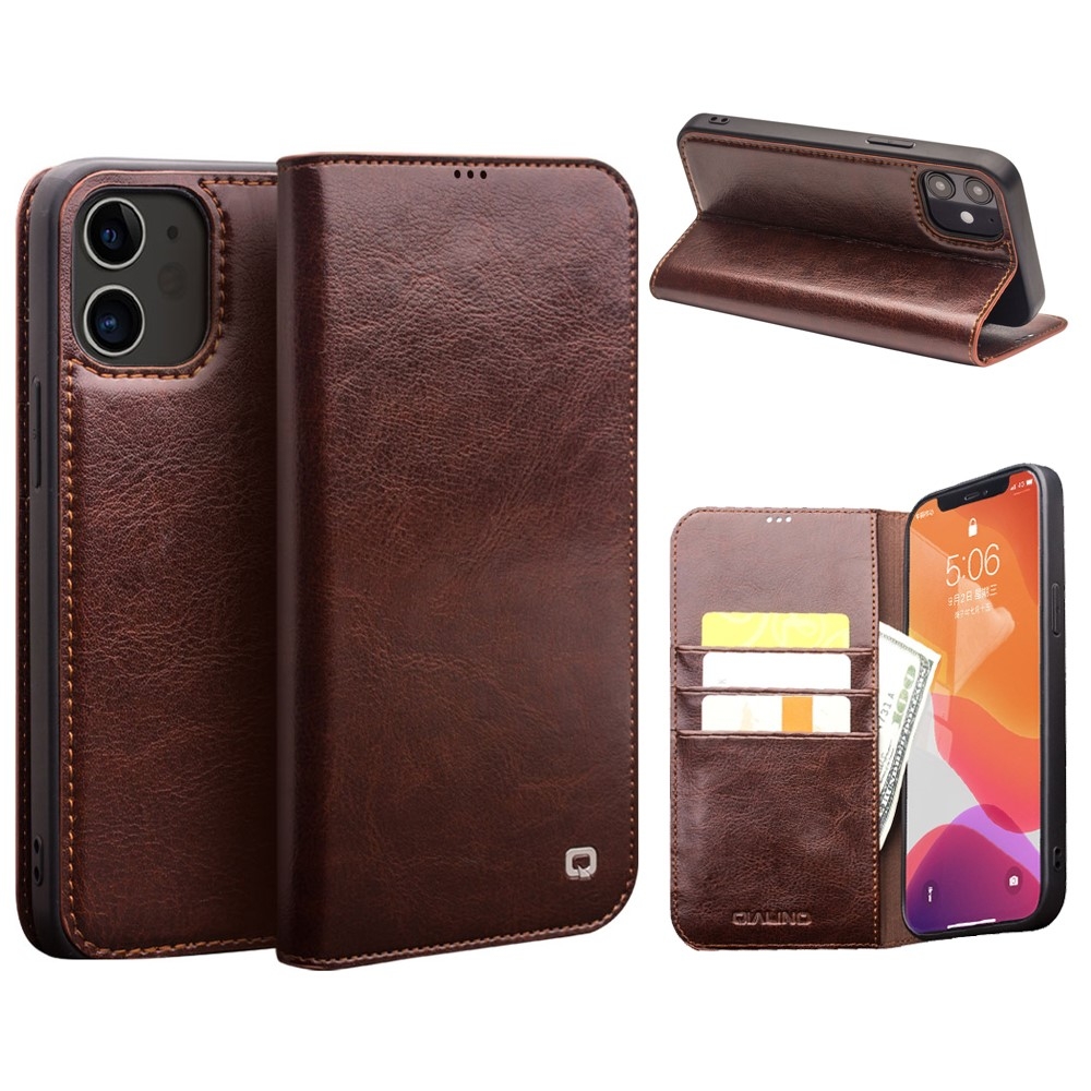 iPhone 12 / iPhone 12 Pro Echtleder Tasche Flip Cover mit Kartenfächer - Braun