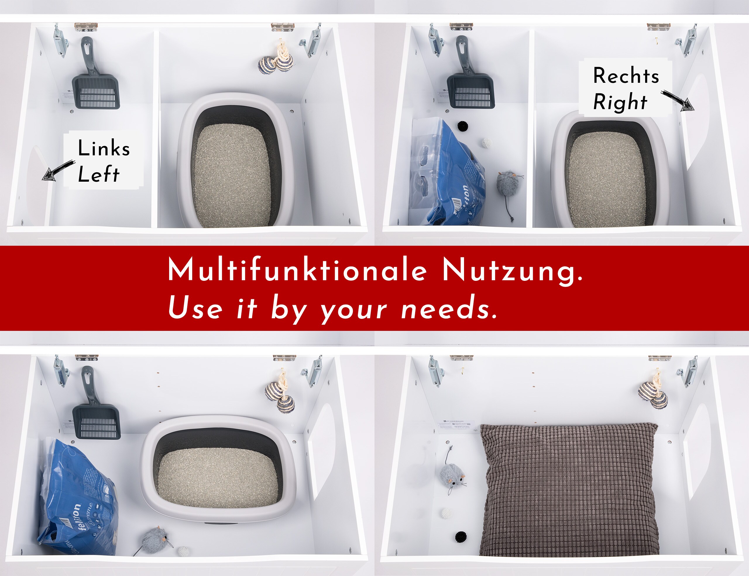 WONDERMAKE® Katzenschrank für Katzentoilette groß aus Holz, Katzenklo-Schrank Kommode XL, Design Katzen-Haus Toilette Klo Waschbecken-Unterschrank für Bad, 73,5 x 51,5 x 57 cm, weiß