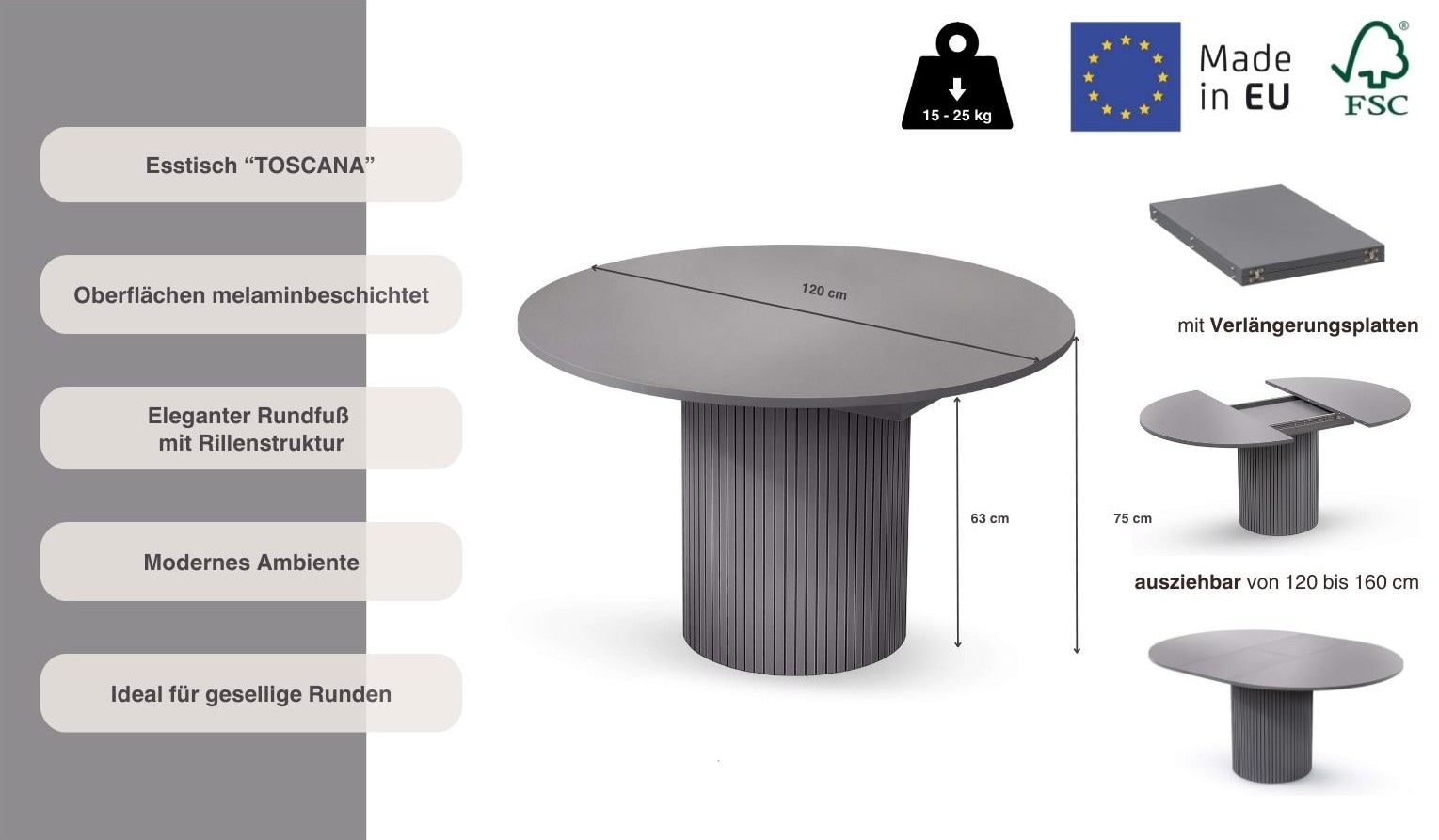 Woodman Esstisch »Toscana« Breite 120 cm, melaminbeschichtet, mit Verlängerungsplatten, FSC®