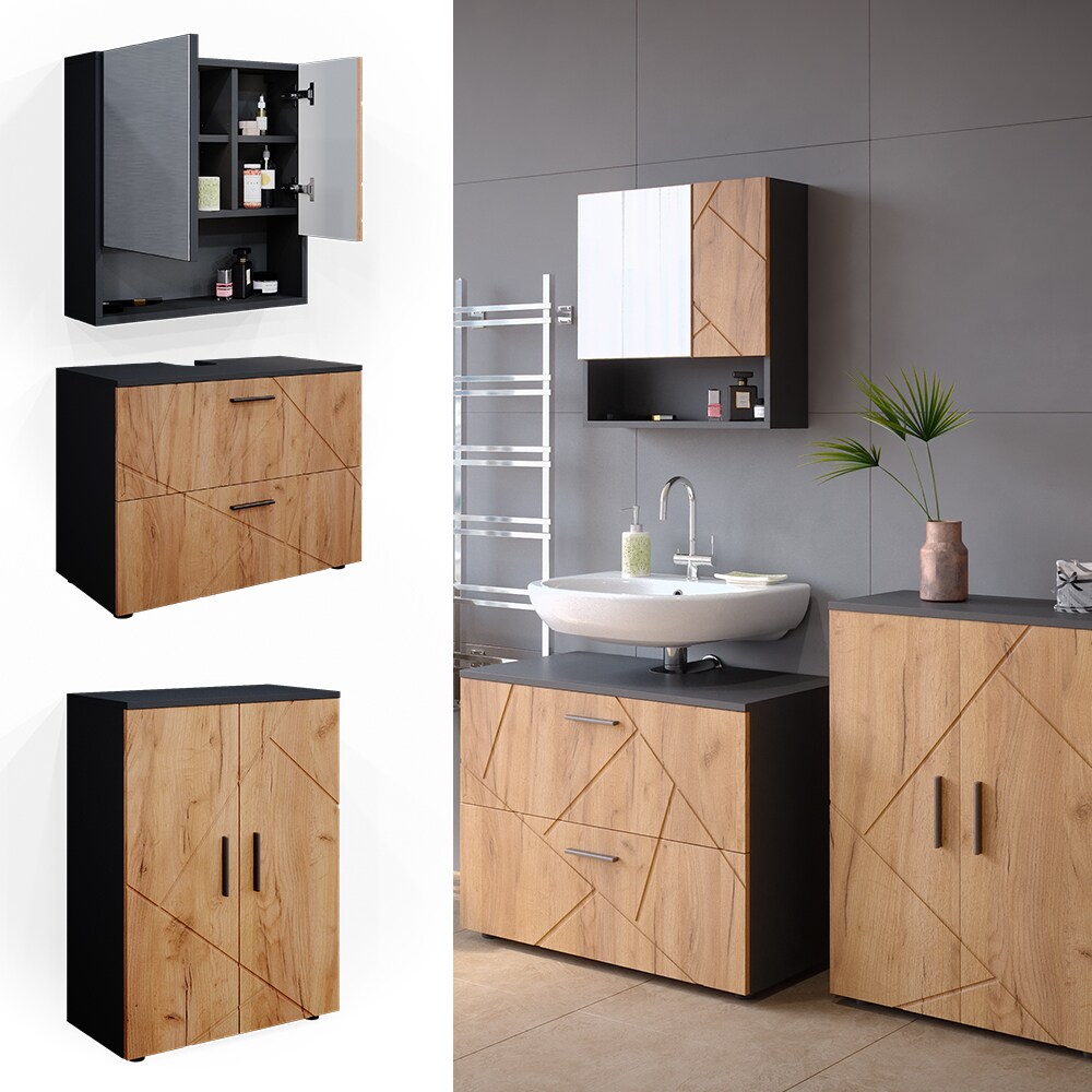 Vicco Badmöbelset Unterschrank Spiegelschrank Badschrank Irma Anthrazit Eiche Badmöbel