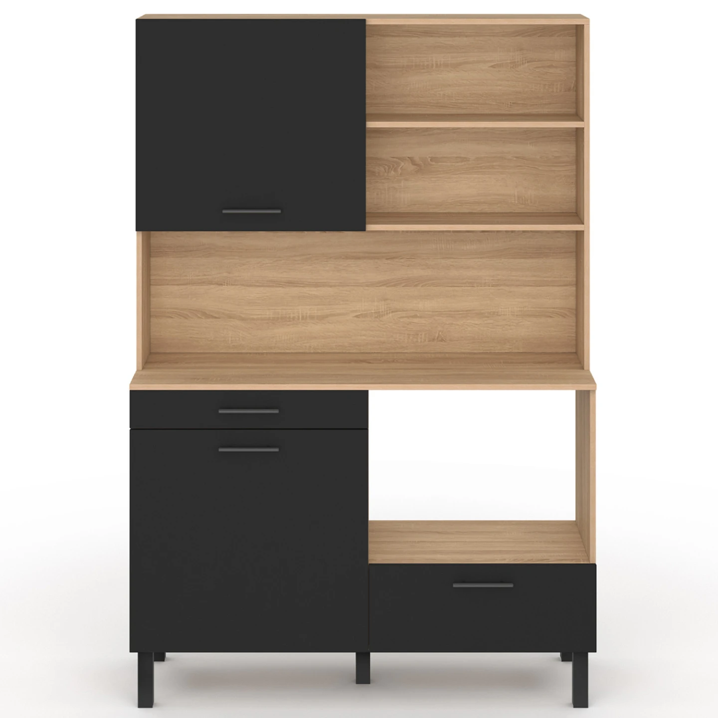 Buffet de cuisine 120 CM CINA 3 portes + 1 tiroir façon hêtre et noir