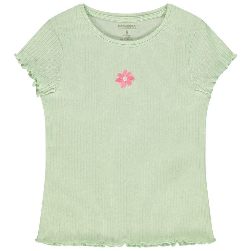 T-shirt manches courtes côtelé à fleur brodée pour fille - Vert