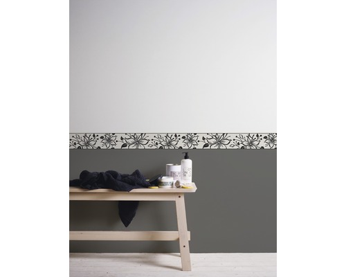 Zelfklevende rand 3466-29, bloem, zwart-wit met glitter, 5 m x 13 cm