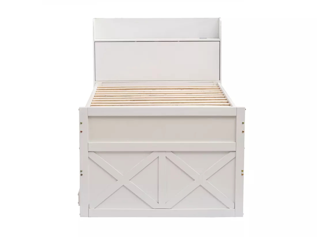 Lit gigogne avec 2 tiroirs - 90 x 190 cm - étagères de rangement et prise USB - bois massif -blanc