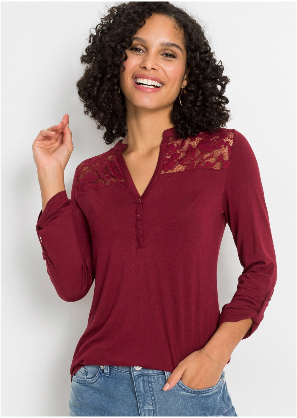 T-shirt Henley à empiècement dentelle