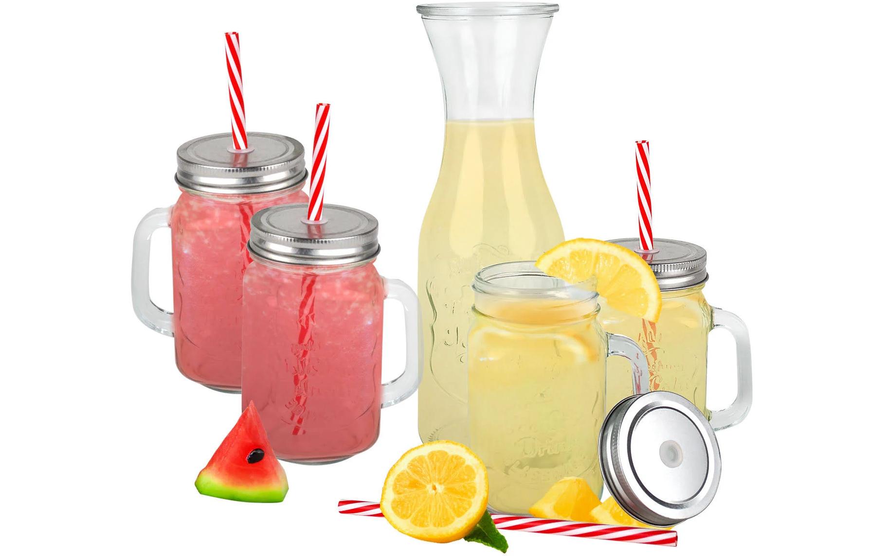 Trinkglas mit Halm und Karaffe 420 ml, 1 Stück, TransparentSechsteiliges Gläser-Set im Mason-Jar-Stil