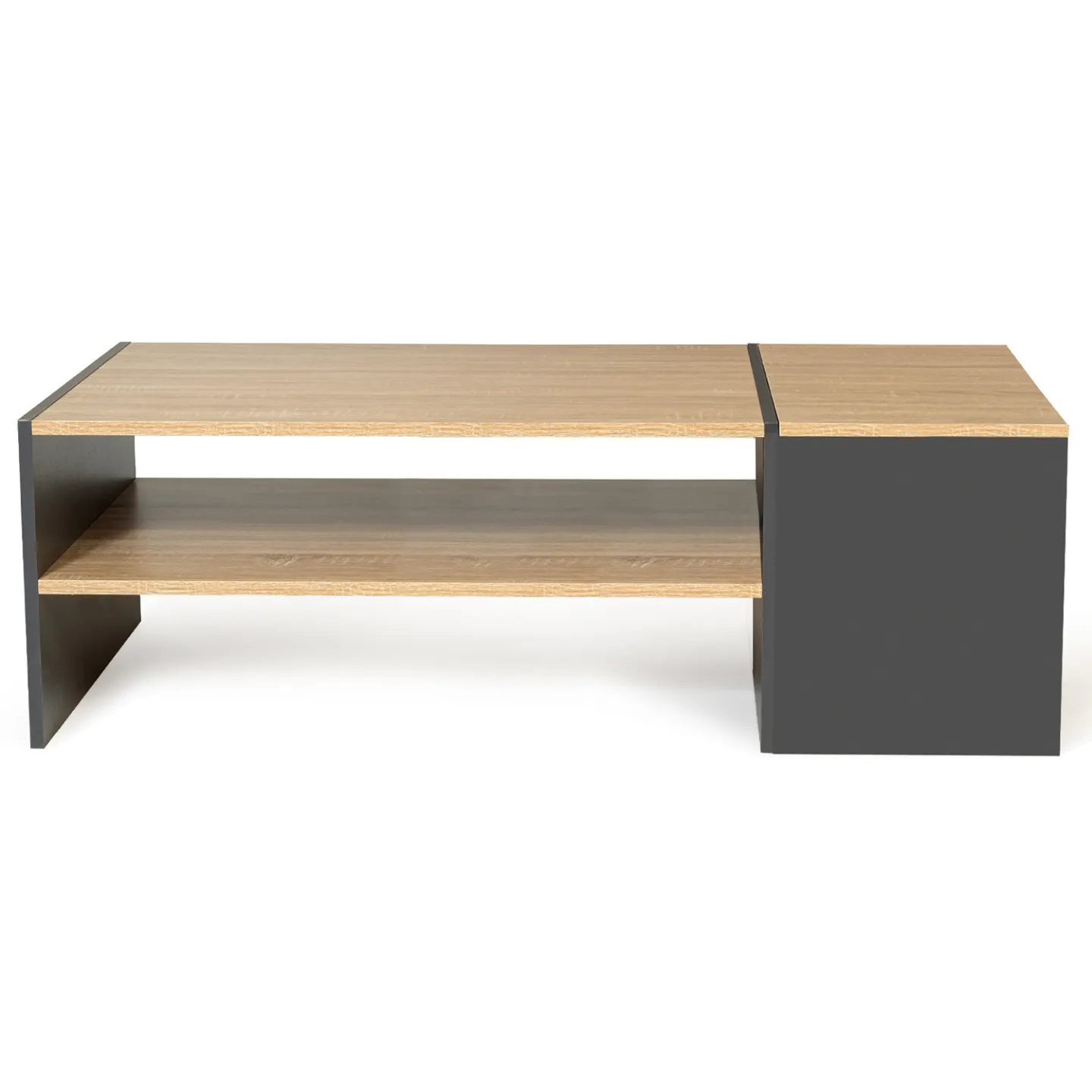 Table basse bar contemporaine rectangulaire IZIA avec coffre gris et plateaux bois