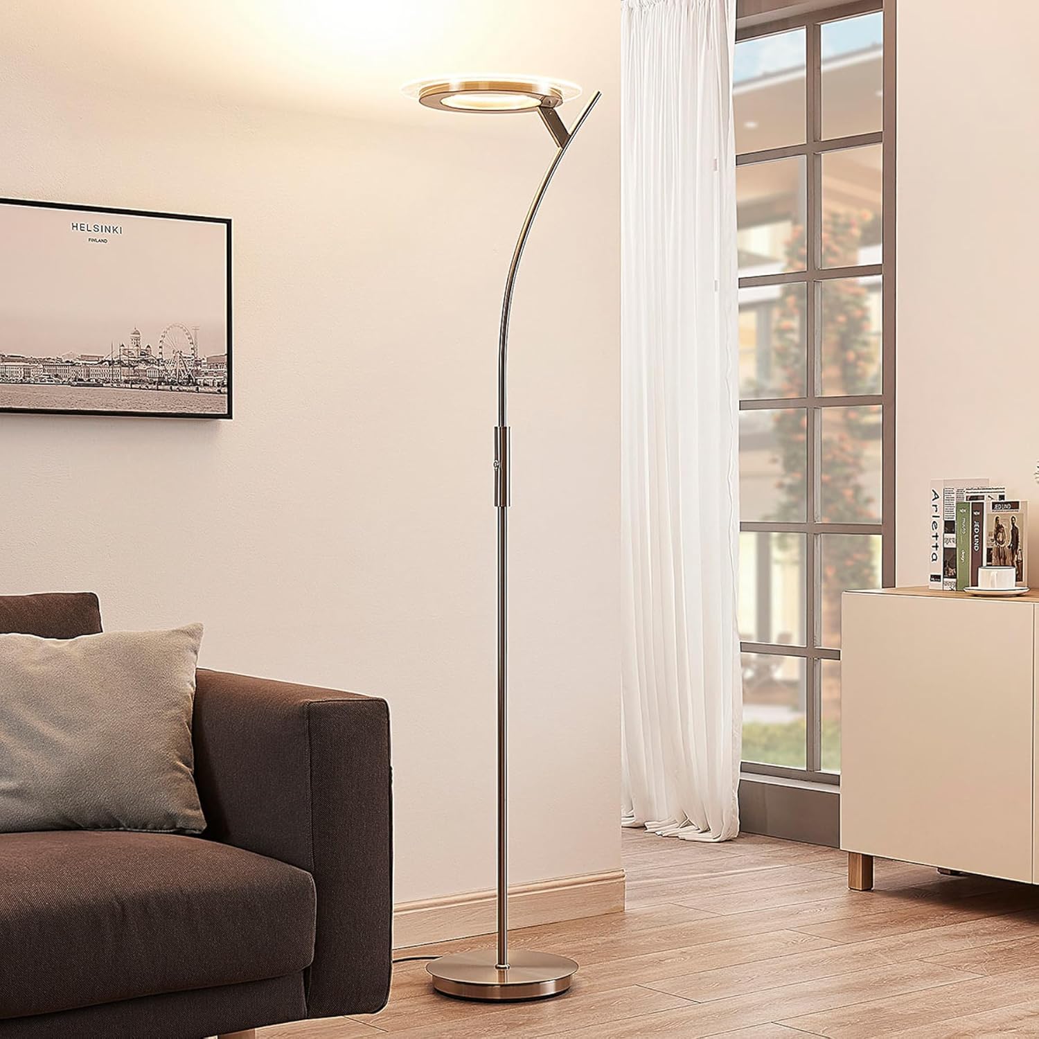 Lindby LED Stehlampe, Deckenfluter dimmbar mit Touchdimmer Standleuchte nickel satiniert 1x 30W warmweiß 3000K Stehleuchte Wohnzimmer