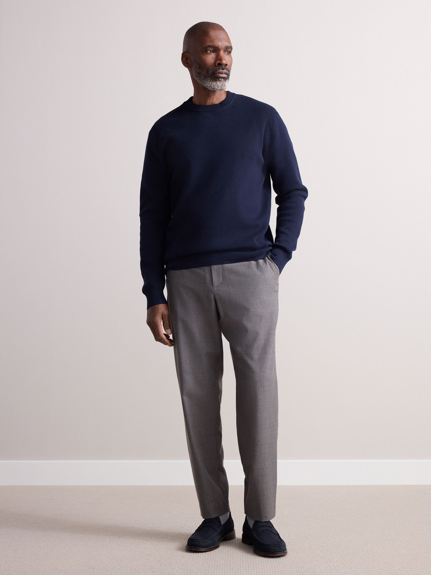 Taupe - Elasticated Waist Wool Rich Textured Formal Trousers