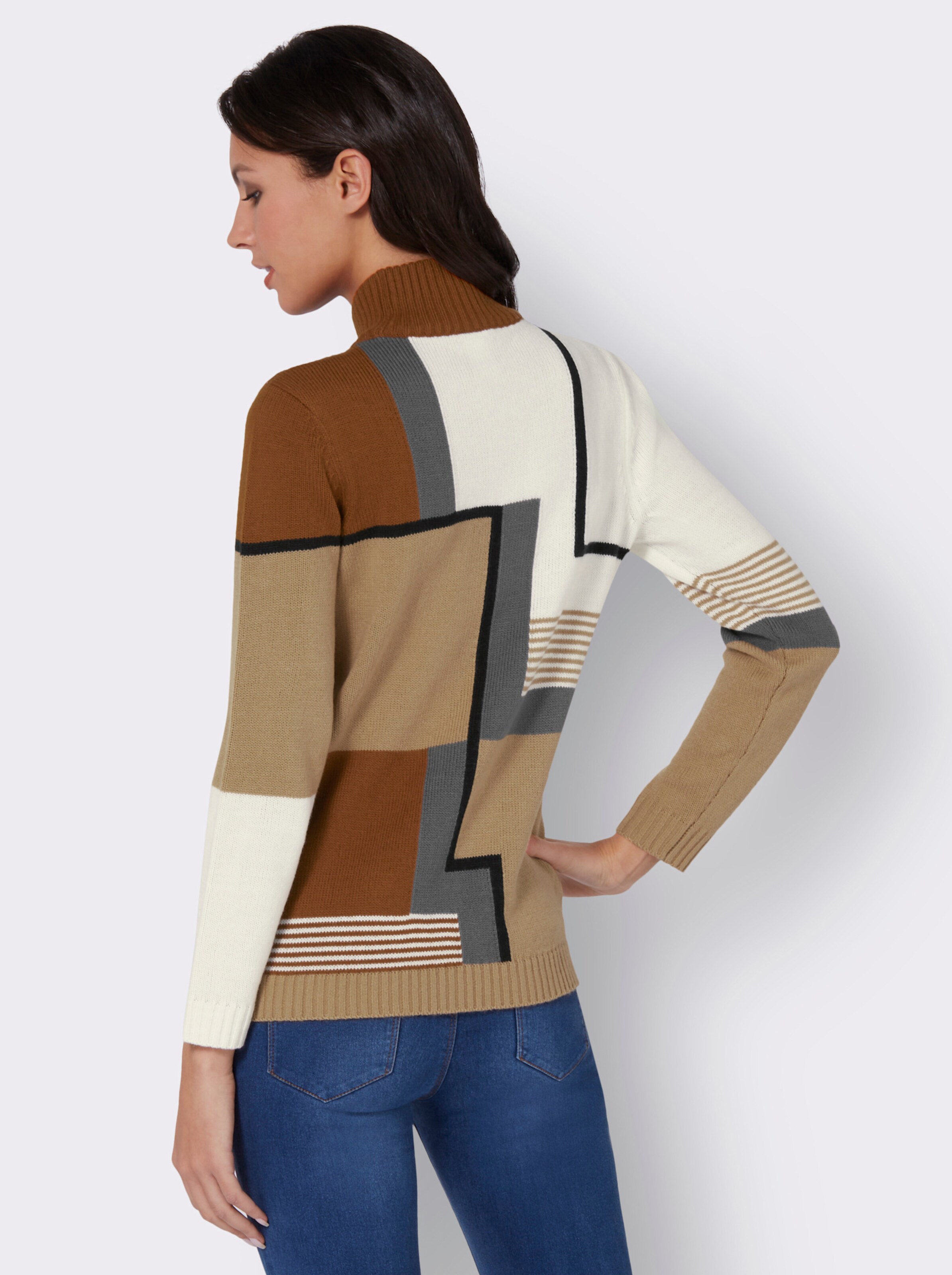 Stehkragenpullover mit Intarsien-Strick, bedruckt