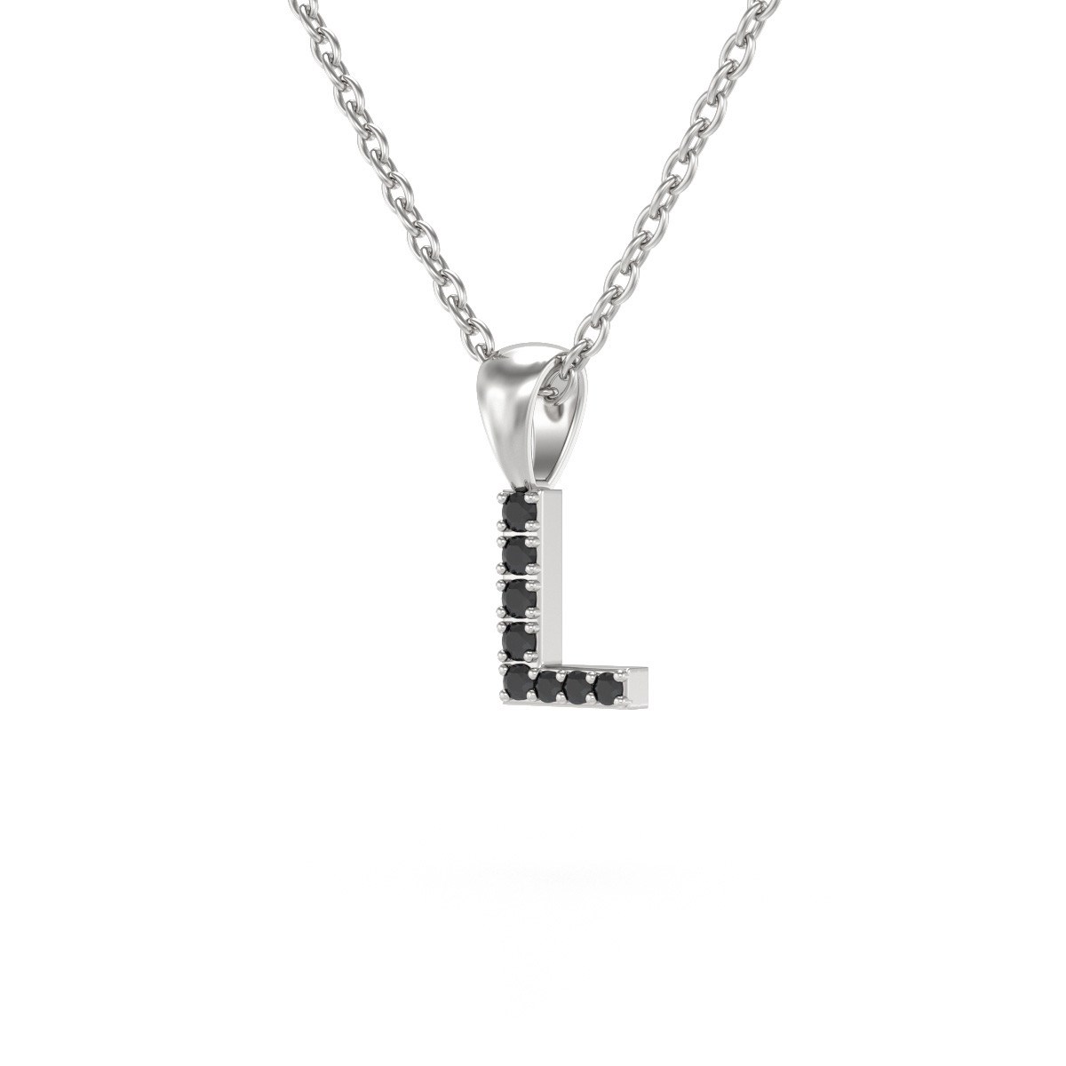 Collier Pendentif ADEN Lettre L Or 750 Blanc Diamant Noir Chaine Or 750 incluse 0.72grs