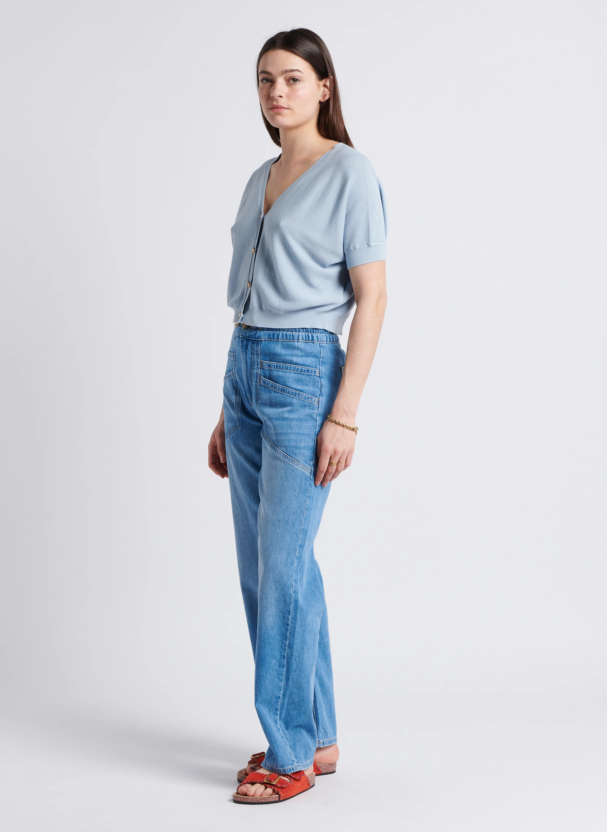 MIMA - Pantalon large taille haute en coton | Bleu