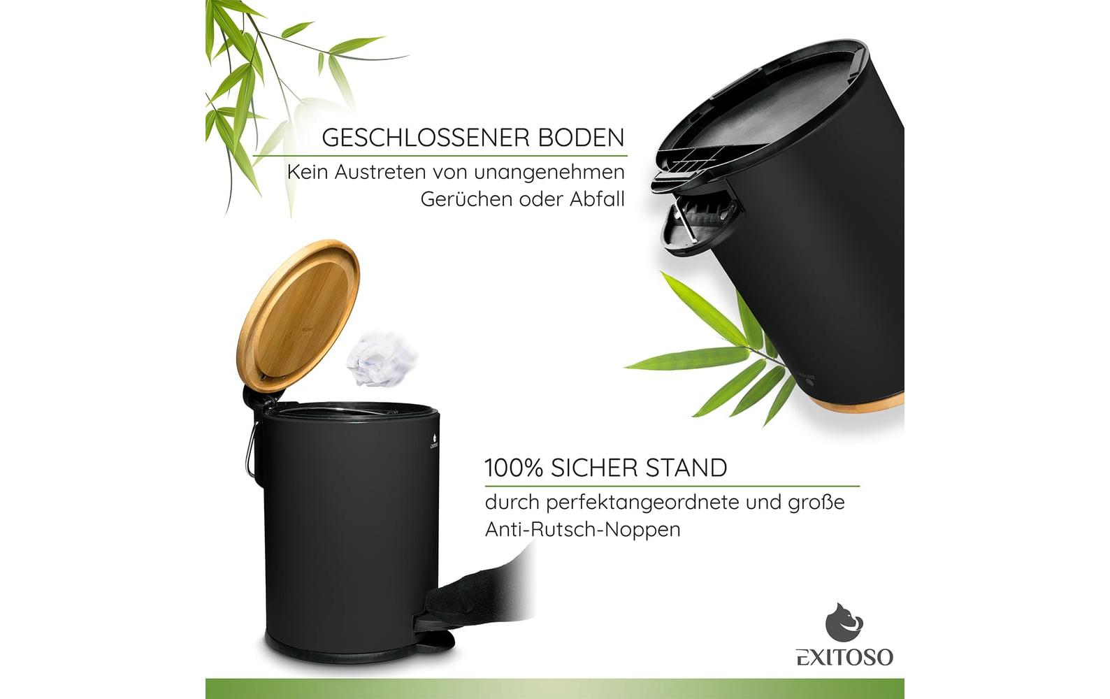 Tretmülleimer mit Softclose-Deckel 3 l, SchwarzAbfalleimer aus Bambus