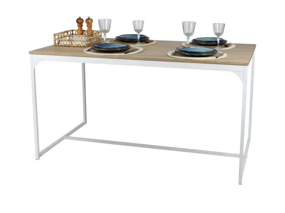 Table à manger style industriel collection PUEBLO – Coloris chêne clair avec pied en métal blanc, dimensions 150x80x75 cm