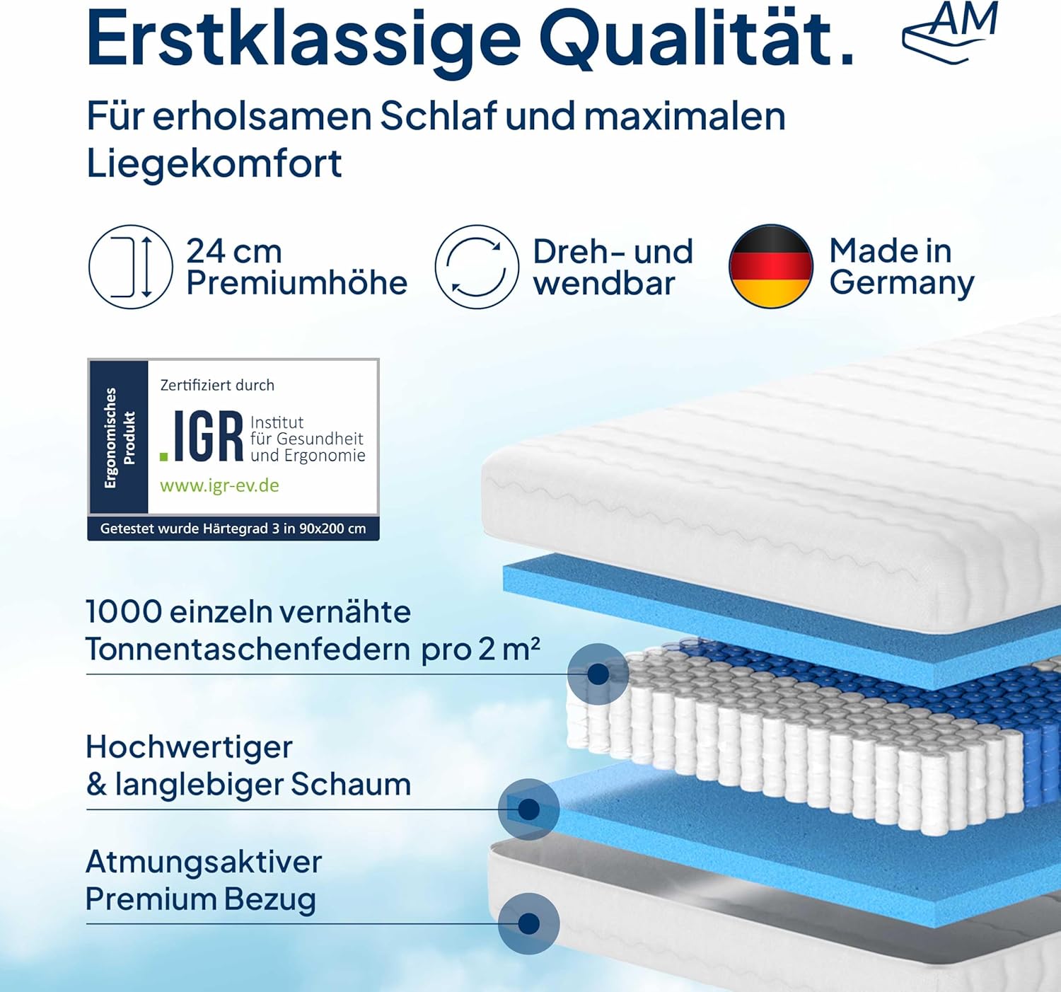 AM Qualitätsmatratzen Deluxe Taschenfederkernmatratze 160x200cm H3 24cm - Made in Germany & Oeko TEX Siegel - Federkernmatratze 160x200 mit 1000 Federn & Lyocell Bezug - 7 Zonen Matratze 160x200 H3