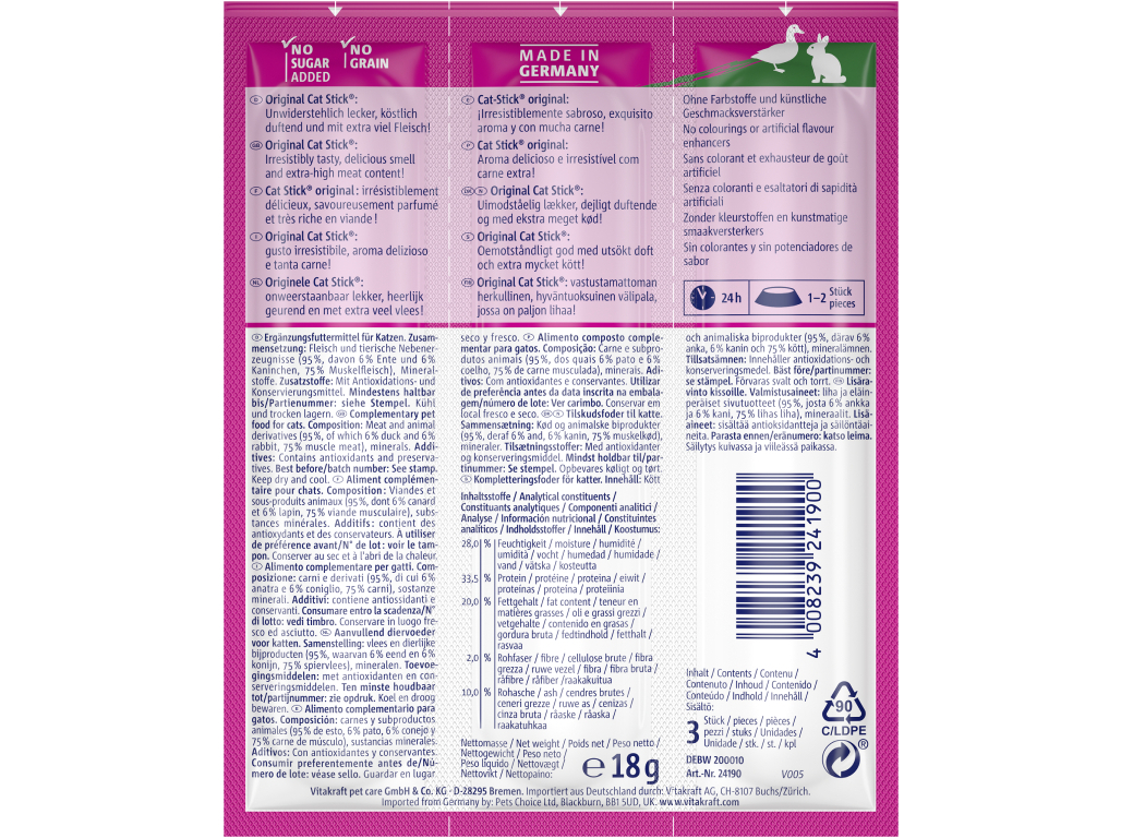 SNACKS PARA GATO MINI VITAKRAFT STICK COM PATO E COELHO PACK 3 UNIDADES