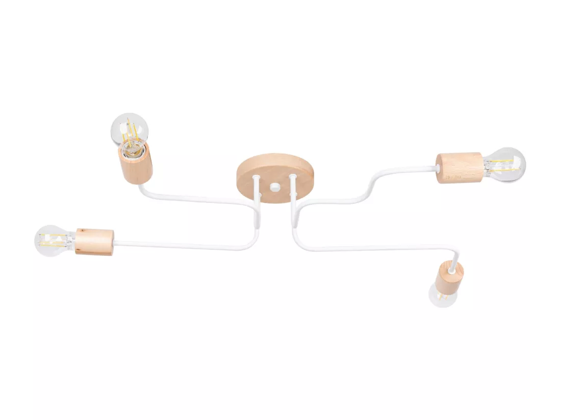 Lustre Timbo grenier en acier/bois - 4 sources lumineuses - L.75 x H.16,5 cm - blanc/bois naturel