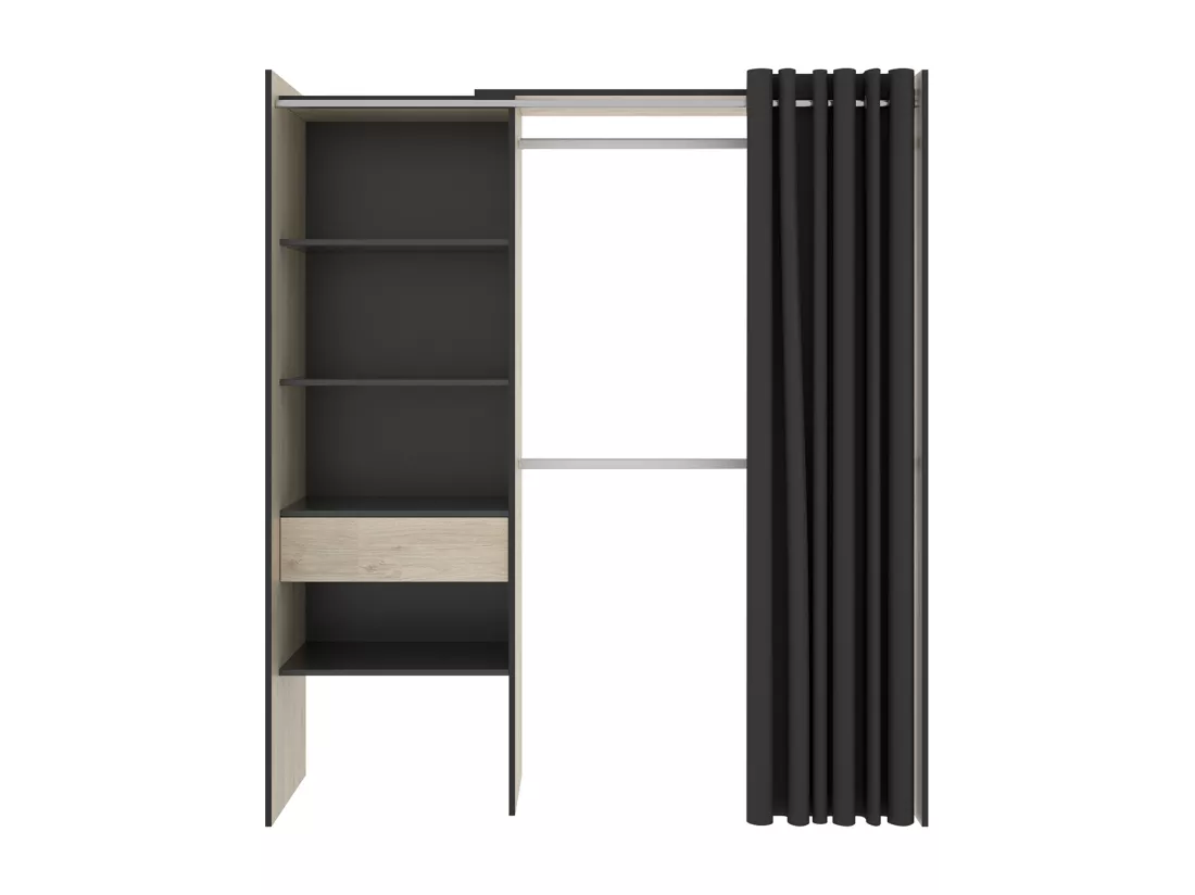 Armoire dressing en bois mélaminé avec penderies, 1 tiroir et 1 rideau coloris chêne naturel, graphite - Longueur 160 x Profondeur 50 x Hauteur 205 cm