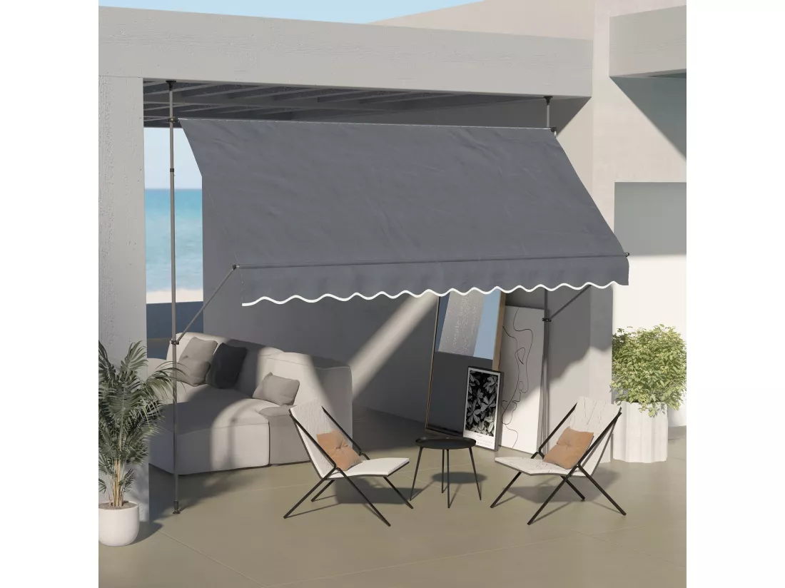 Store banne autoportant manuel rétractable 3,5L x 1,2l x 2,1-3H m inclinaison réglable métal alu polyester gris