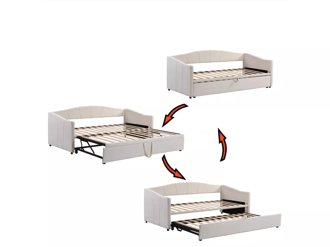 Lit gigogne en velours 180x200 cm - sommier à lattes - Beige