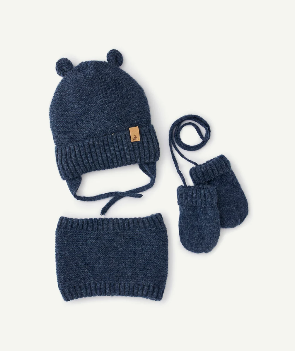 SET TRICOT BÉBÉ GARÇON EN FIBRES RECYCLÉES BLEU BONNET MOUFLES ET SNOOD